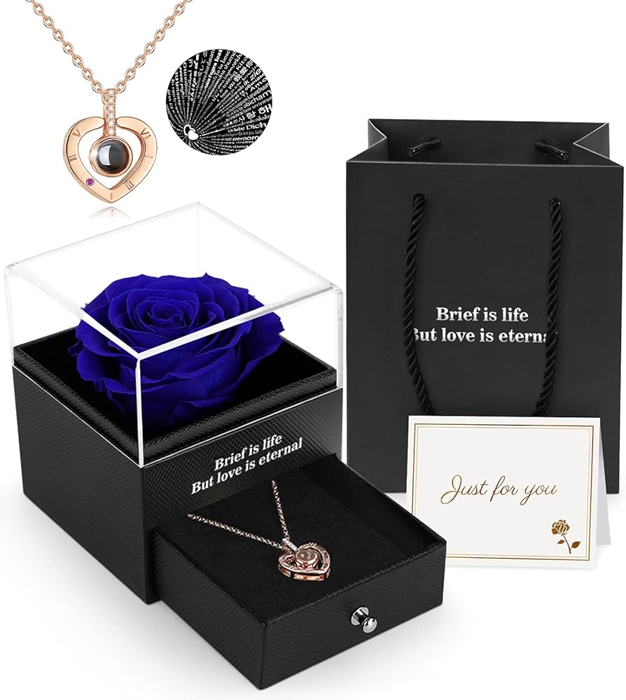 Preserved Eternal Rose with “I Love You” Necklace – Luxury Gift Box