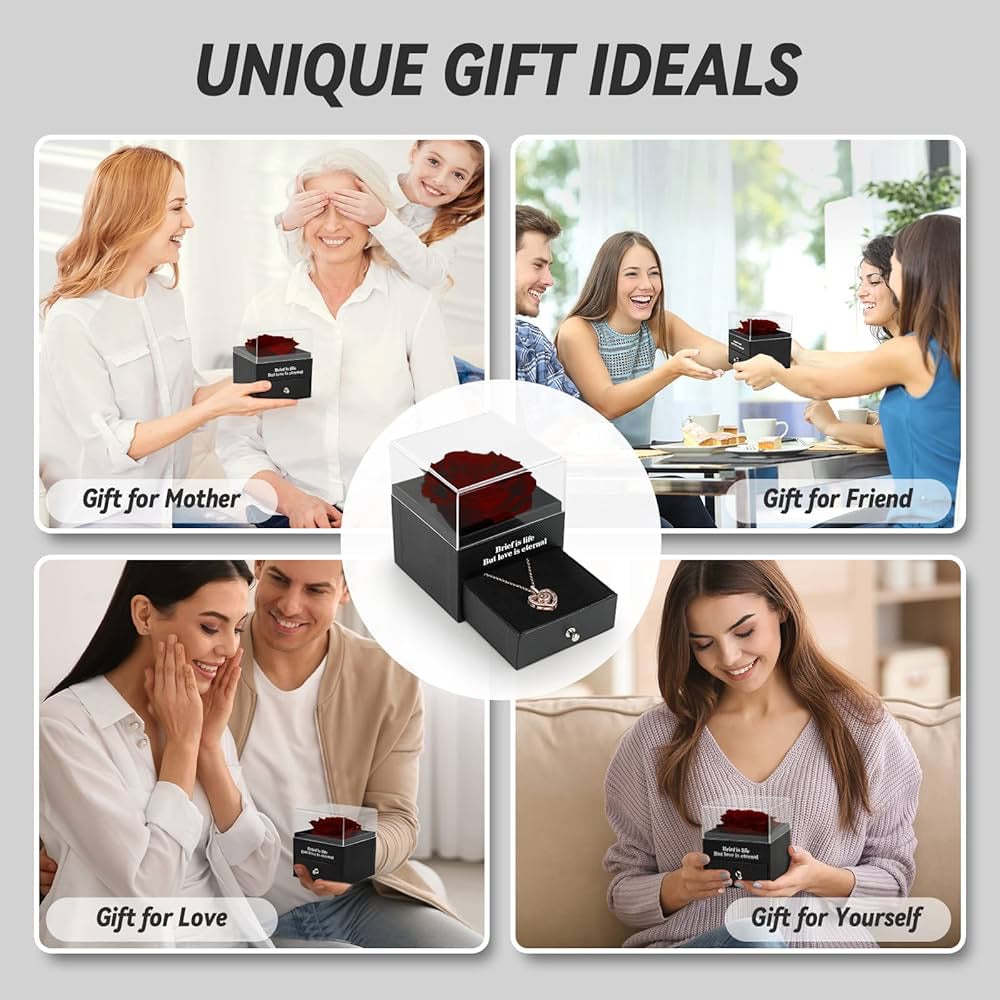 Preserved Eternal Rose with “I Love You” Necklace – Luxury Gift Box