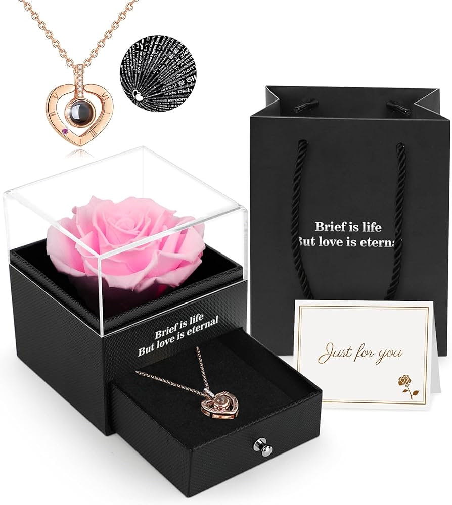 Preserved Eternal Rose with “I Love You” Necklace – Luxury Gift Box