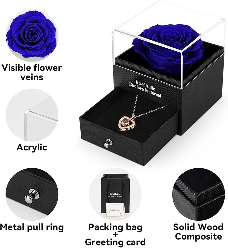 Preserved Eternal Rose with “I Love You” Necklace – Luxury Gift Box