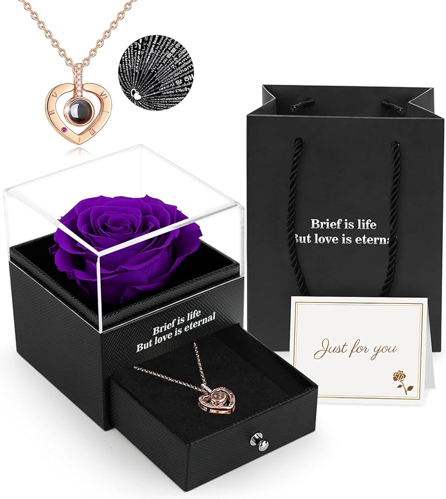 Preserved Eternal Rose with “I Love You” Necklace – Luxury Gift Box