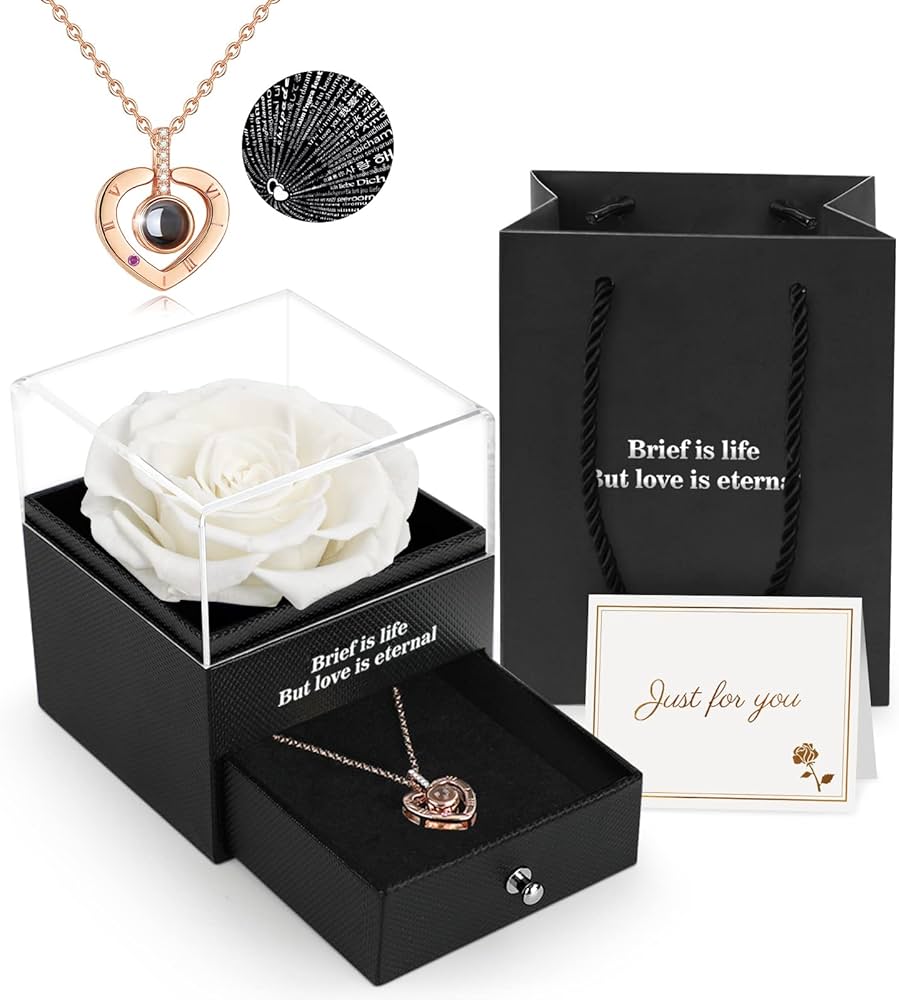 Preserved Eternal Rose with “I Love You” Necklace – Luxury Gift Box