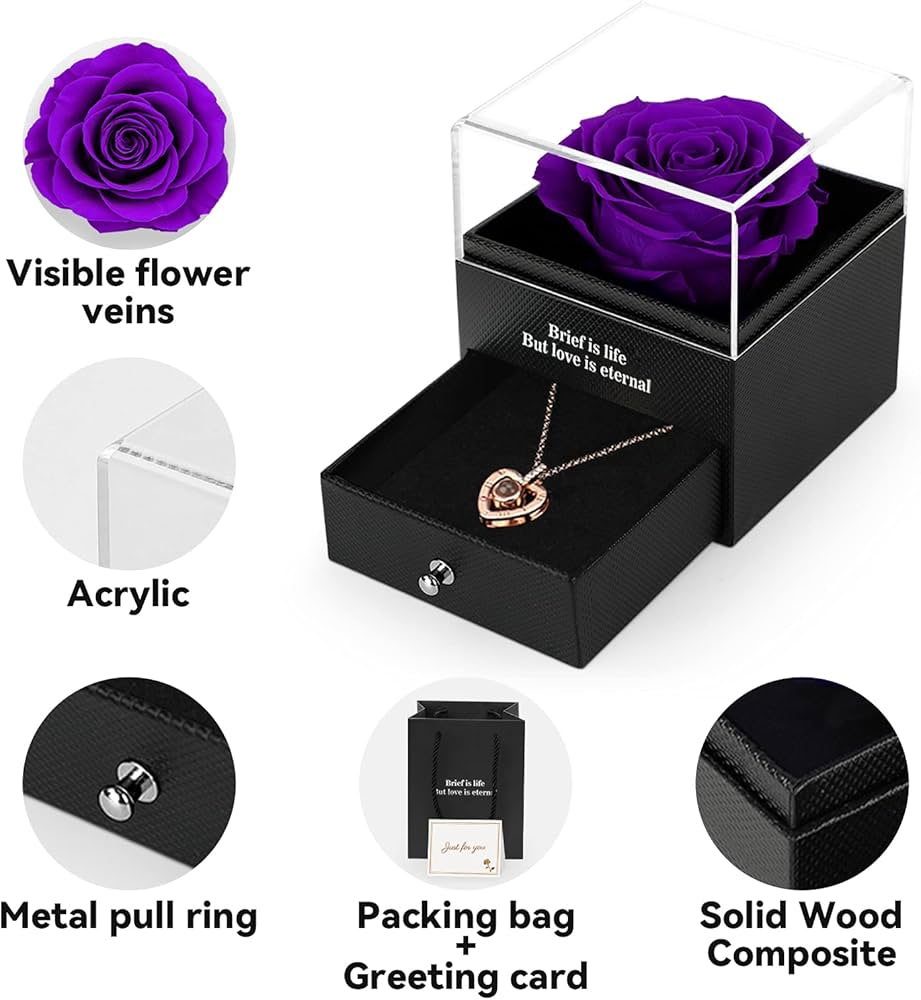 Preserved Eternal Rose with “I Love You” Necklace – Luxury Gift Box