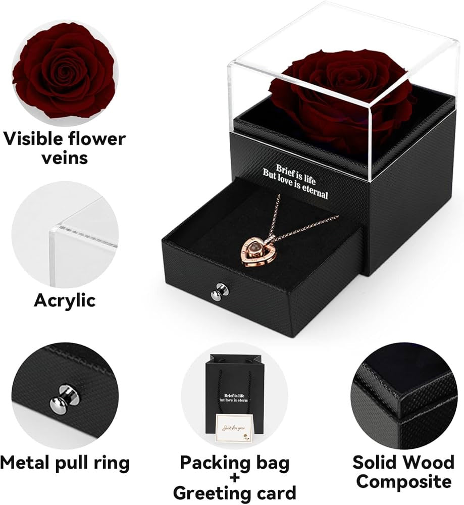 Preserved Eternal Rose with “I Love You” Necklace – Luxury Gift Box
