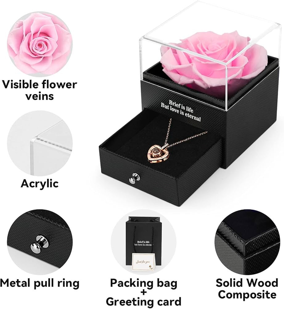 Preserved Eternal Rose with “I Love You” Necklace – Luxury Gift Box