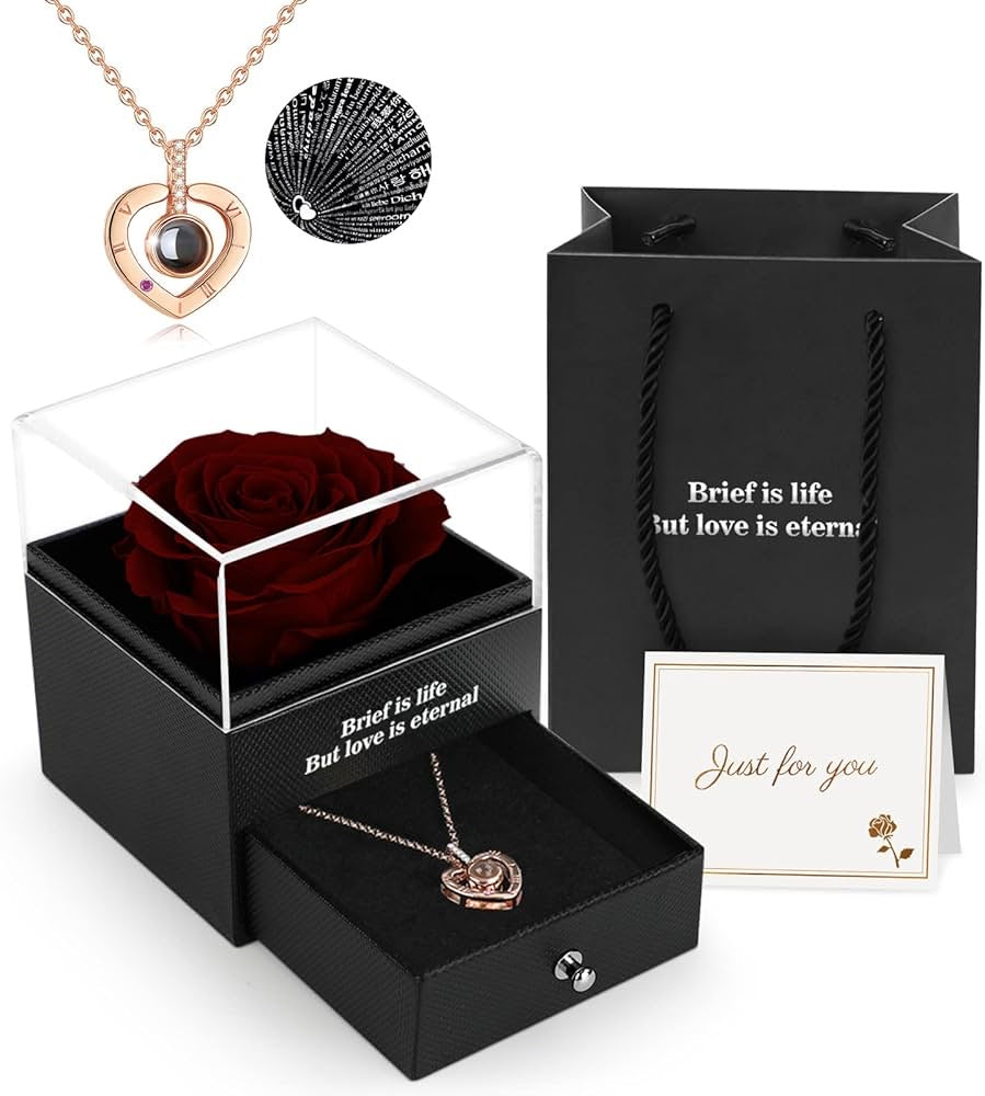 Preserved Eternal Rose with “I Love You” Necklace – Luxury Gift Box