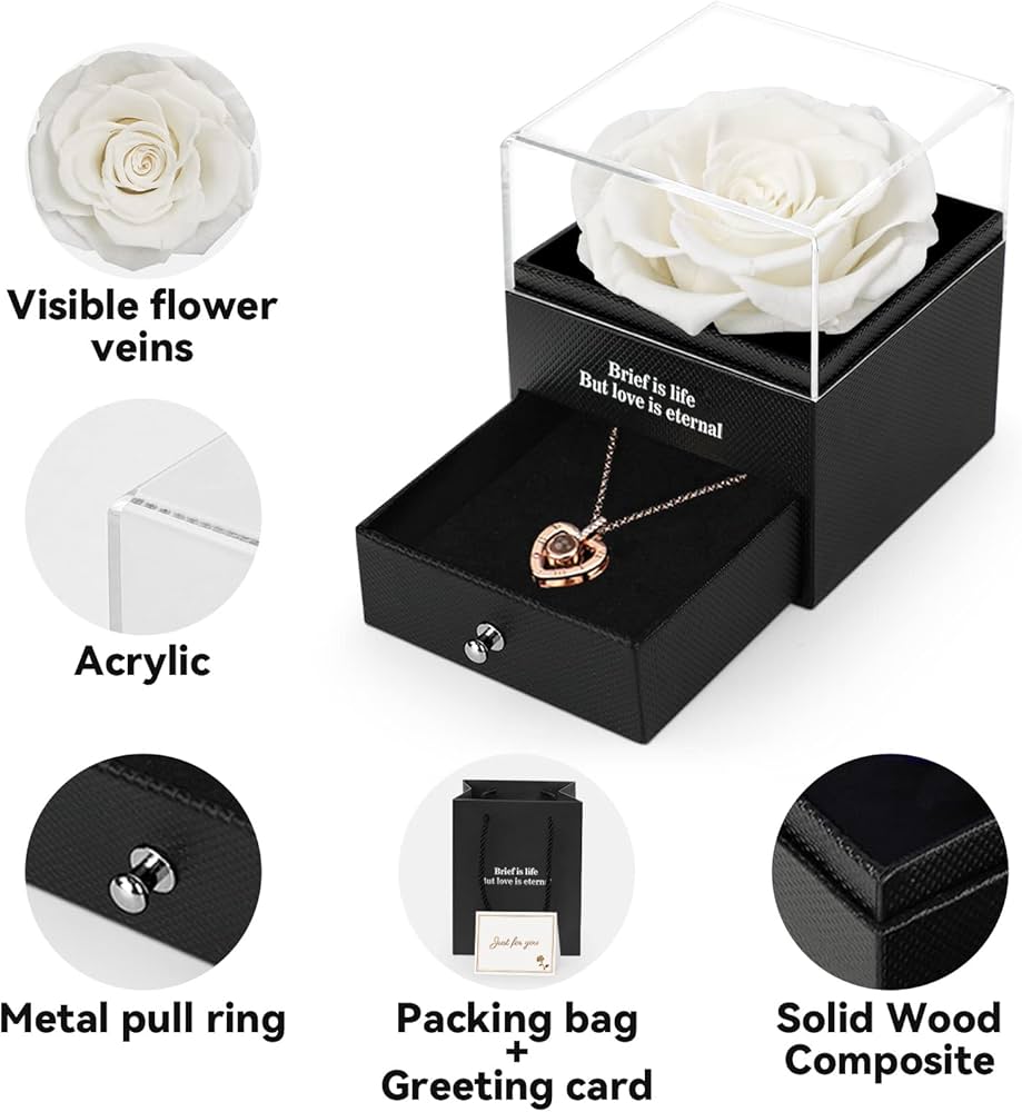 Preserved Eternal Rose with “I Love You” Necklace – Luxury Gift Box